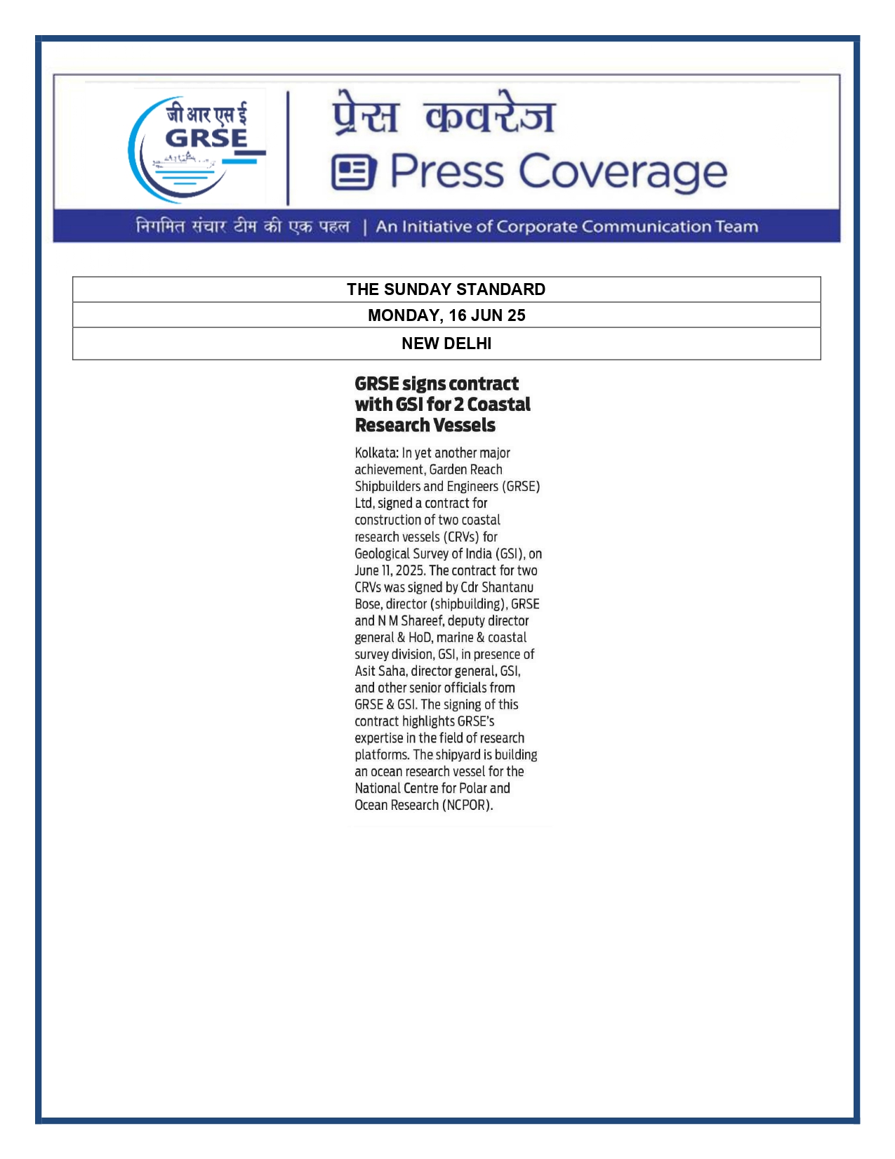 Press Coverage :  GRSE signs contract with GSI for two coastal vessels   